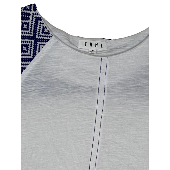 THML Women Top Crew Neck‎ 100% Cotton Short Sleeve Gauze White/Blue Medium - Picture 8 of 10
